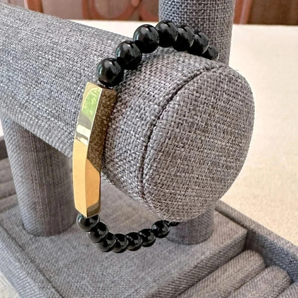Genuine Onyx Beaded 18k PVD Stainless Steel Bar Stretch Bracelet Waterproof - Picture 3 of 5